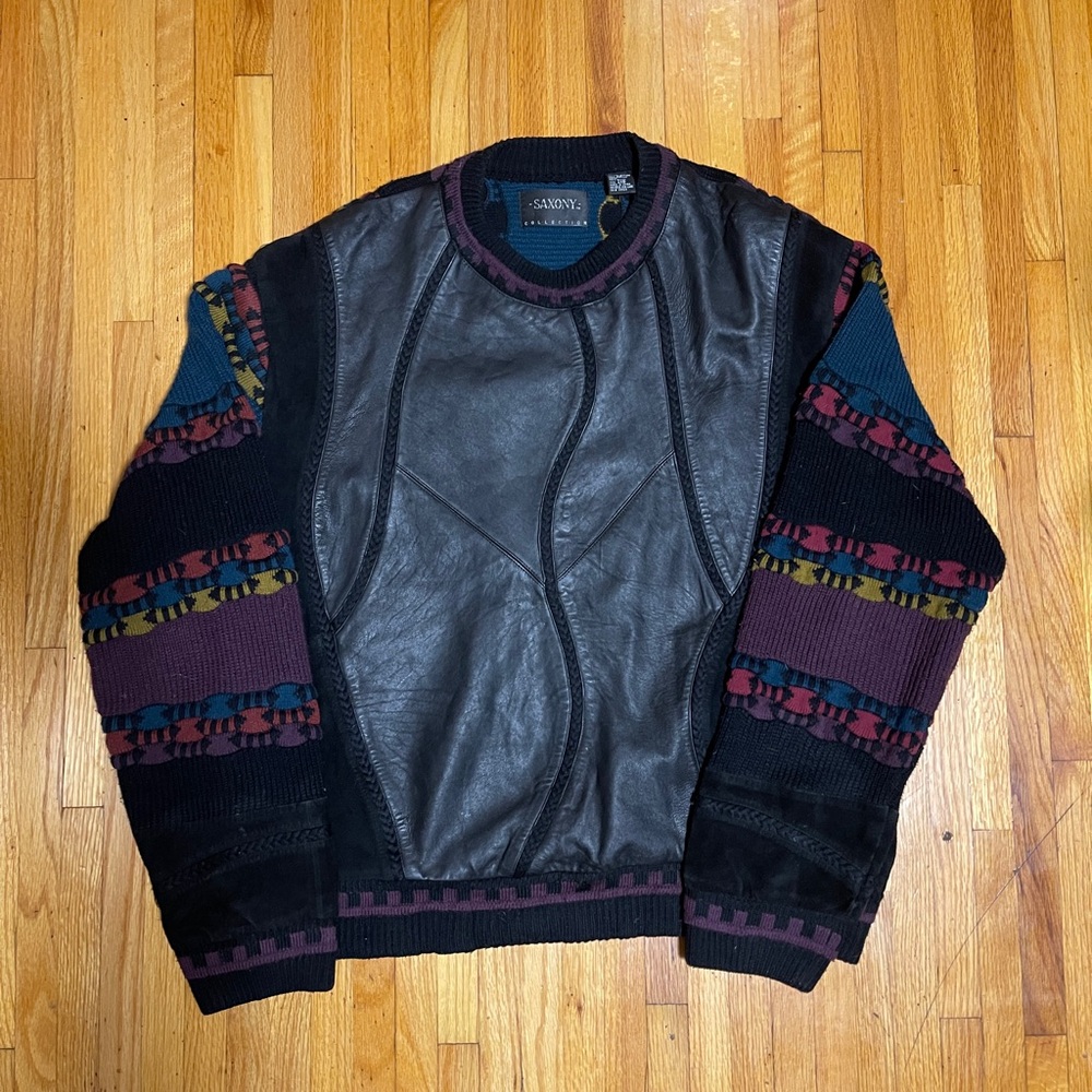 Saxony Leather and Knit Crewneck Sweater